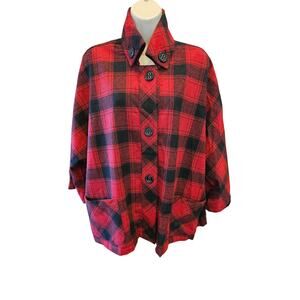 Coldwater creek winter wool blend WARM buffalo plaid shaket L warm EUC poncho +